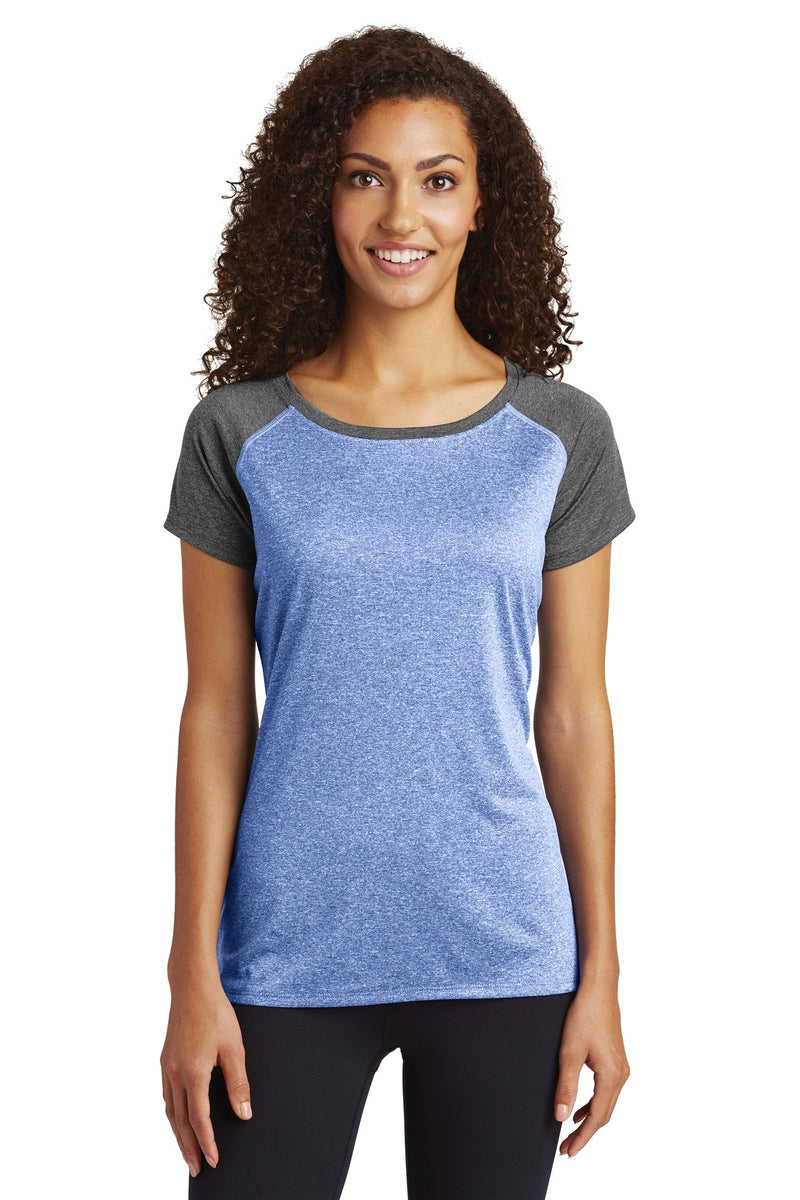 Load image into Gallery viewer, Sport-Tek  Women&#39;s Heather-On-Heather Contender  Scoop Neck Tee. LST362
