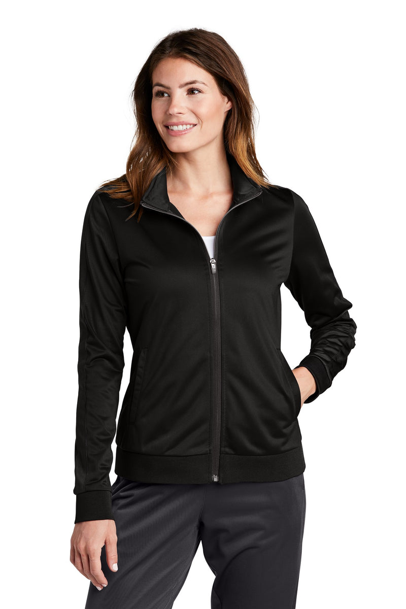 Load image into Gallery viewer, Sport-Tek  Ladies Tricot Sleeve Stripe Track Jacket. LST94
