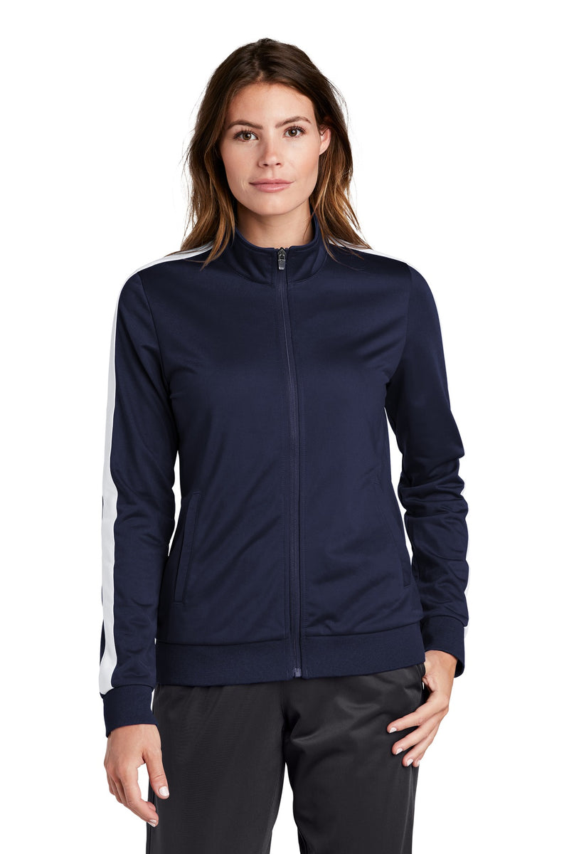 Load image into Gallery viewer, Sport-Tek  Ladies Tricot Sleeve Stripe Track Jacket. LST94
